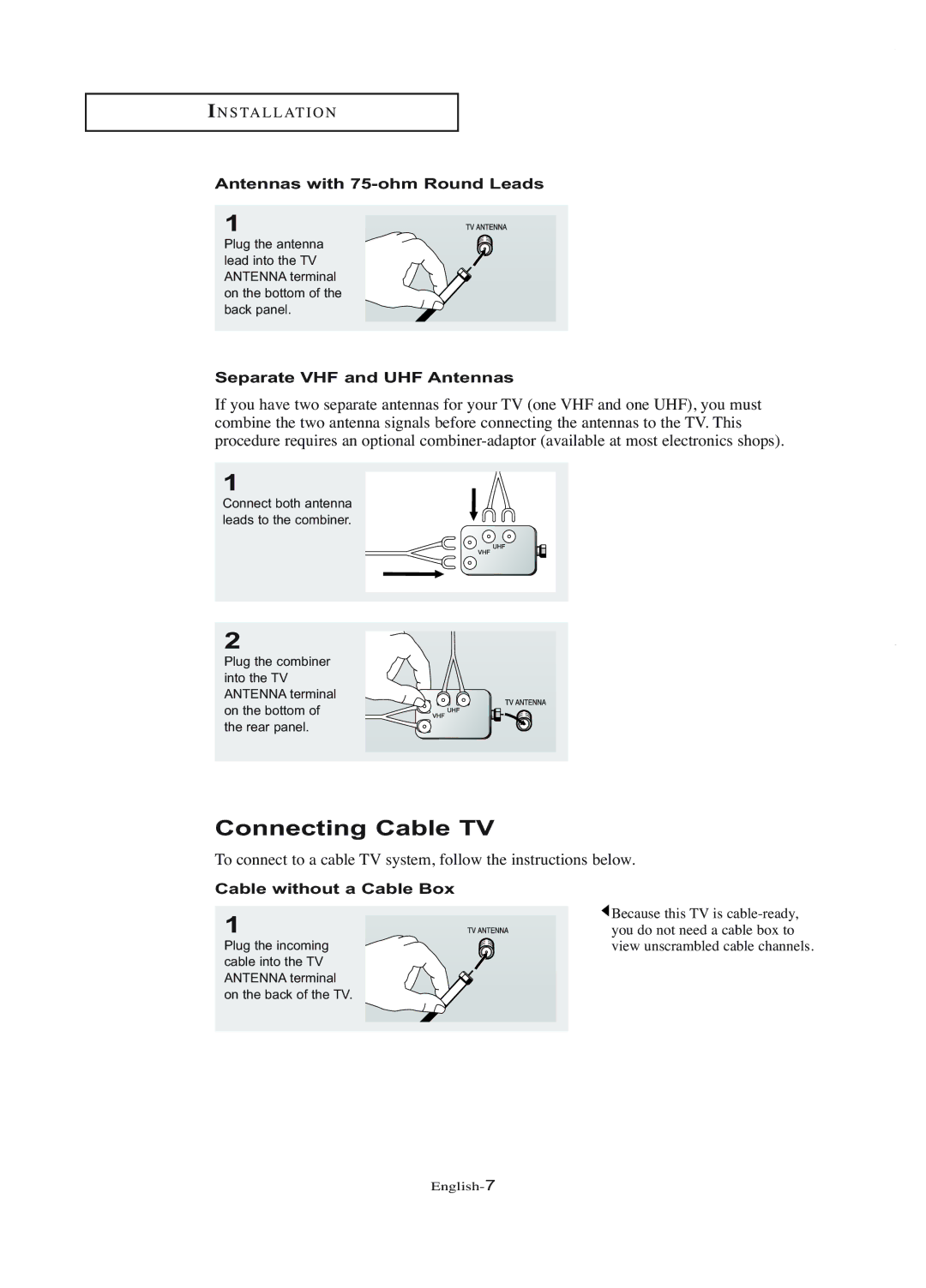 Samsung LT-P1745U manual Connecting Cable TV, Antennas with 75-ohm Round Leads, Separate VHF and UHF Antennas 