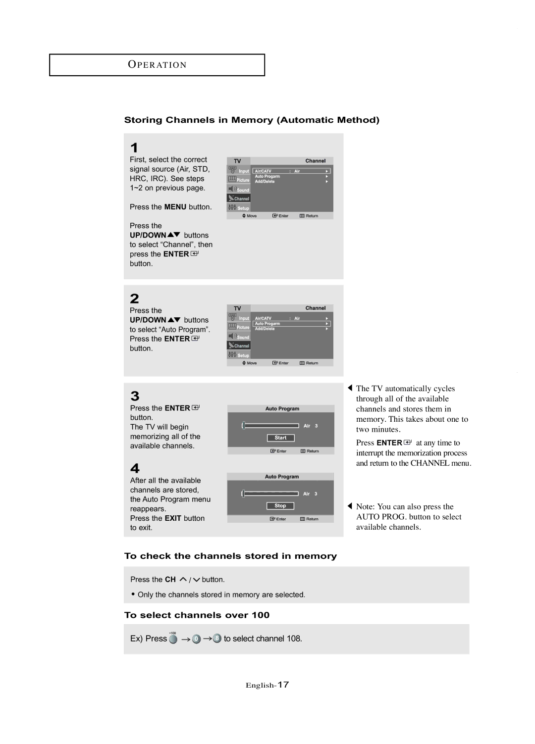 Samsung LT-P1745U manual Storing Channels in Memory Automatic Method, To check the channels stored in memory 