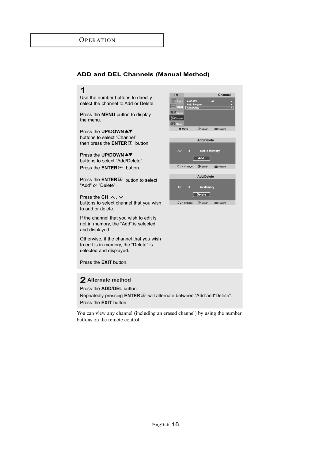 Samsung LT-P1745U manual ADD and DEL Channels Manual Method, Alternate method 