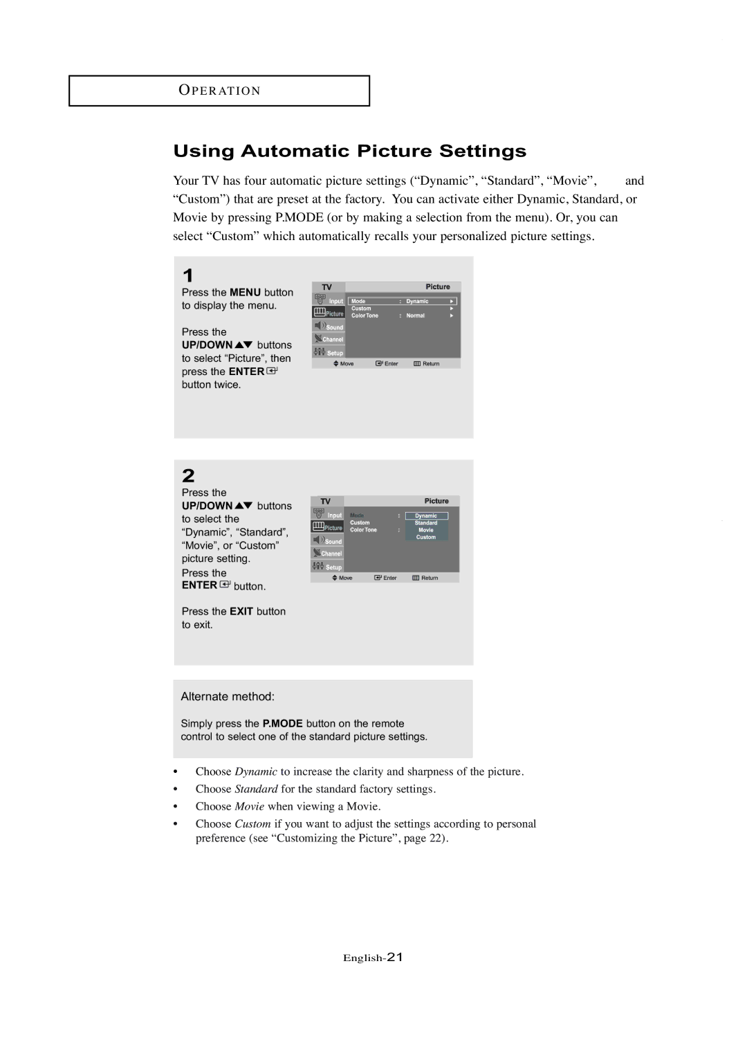 Samsung LT-P1745U manual Using Automatic Picture Settings, Alternate method 