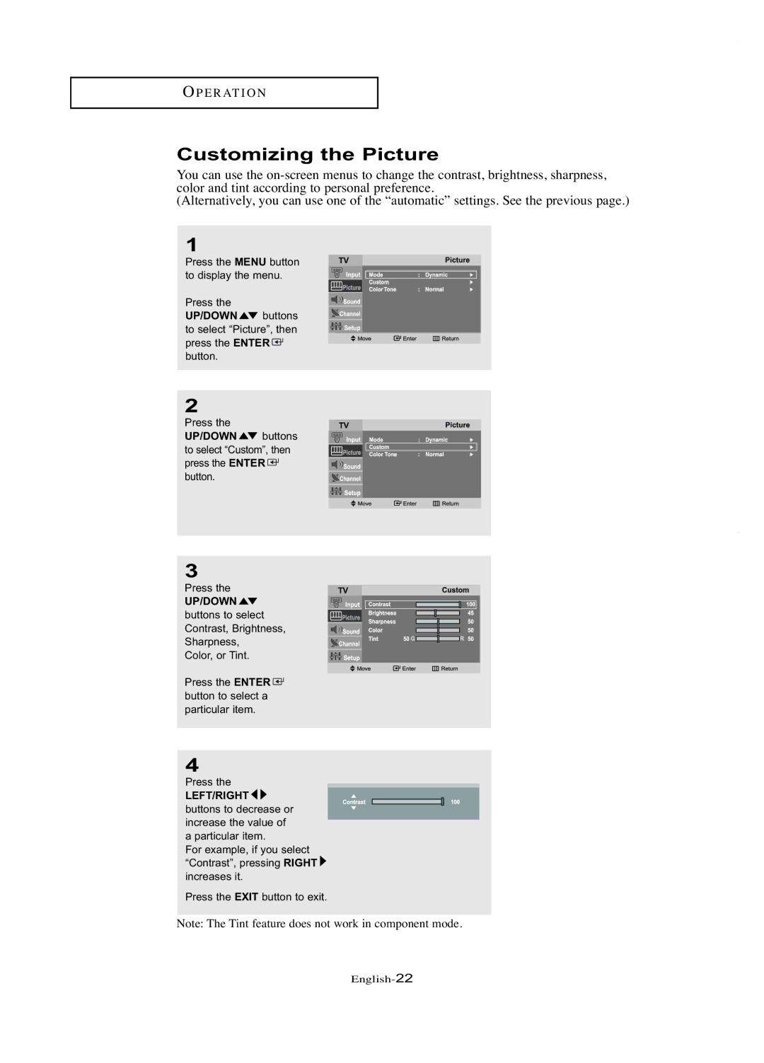 Samsung LT-P1745U manual Customizing the Picture, Left/Right 