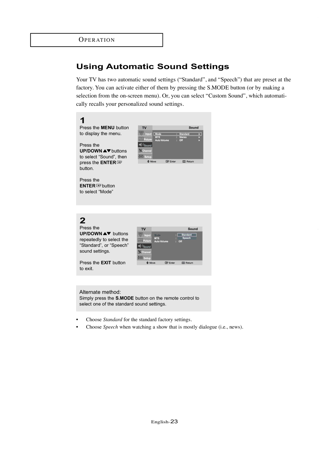 Samsung LT-P1745U manual Using Automatic Sound Settings 