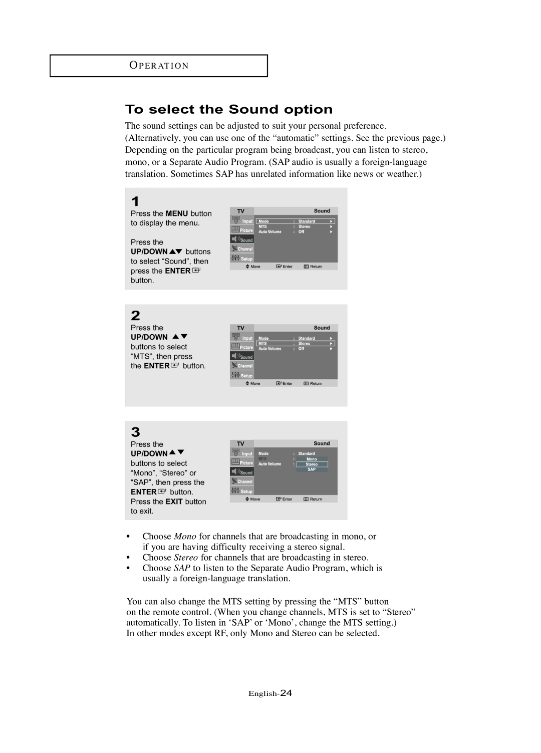 Samsung LT-P1745U manual To select the Sound option 