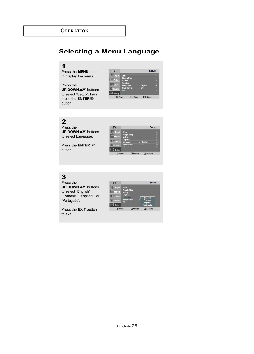 Samsung LT-P1745U manual Selecting a Menu Language 