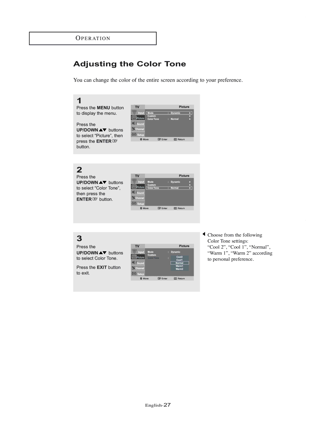 Samsung LT-P1745U manual Adjusting the Color Tone 