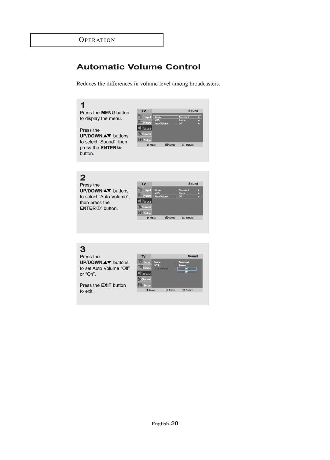 Samsung LT-P1745U manual Automatic Volume Control, Reduces the differences in volume level among broadcasters 