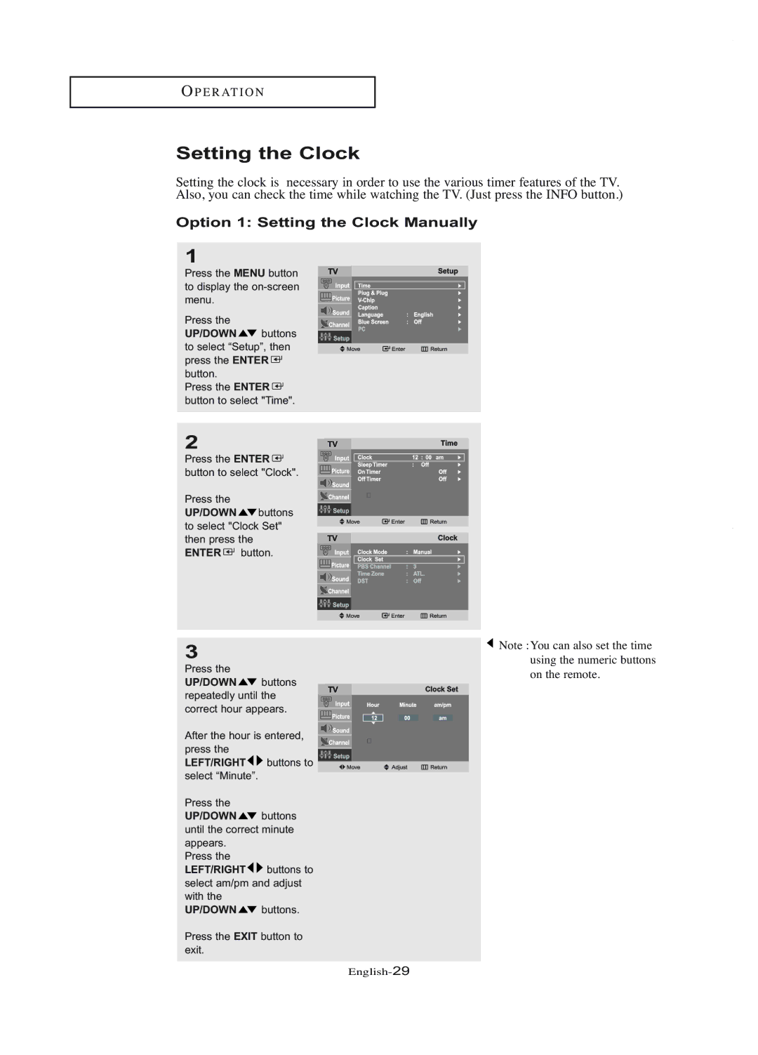 Samsung LT-P1745U manual Option 1 Setting the Clock Manually 