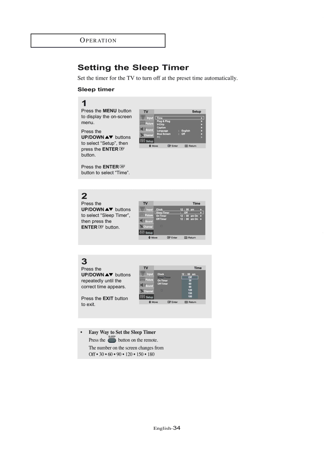 Samsung LT-P1745U manual Setting the Sleep Timer, Sleep timer 