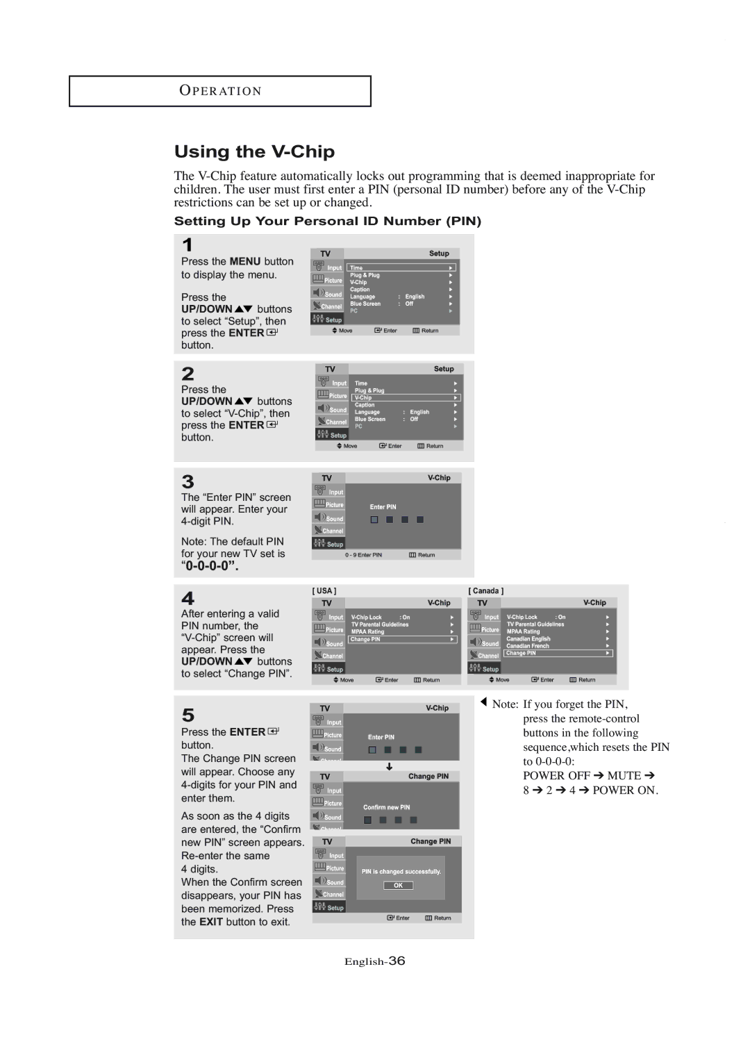 Samsung LT-P1745U manual Using the V-Chip, Setting Up Your Personal ID Number PIN 