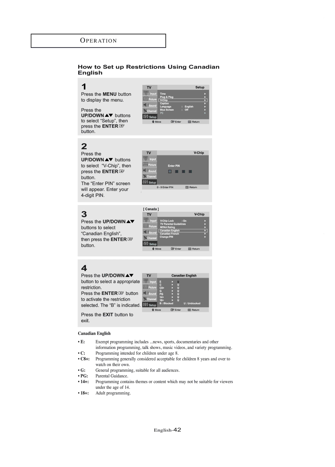 Samsung LT-P1745U manual How to Set up Restrictions Using Canadian English 