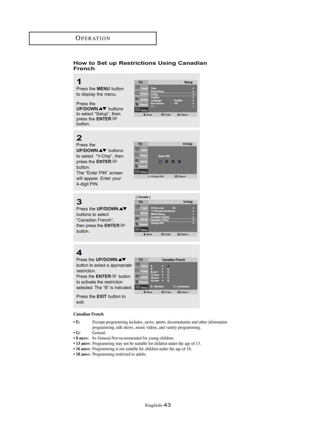 Samsung LT-P1745U manual How to Set up Restrictions Using Canadian French 