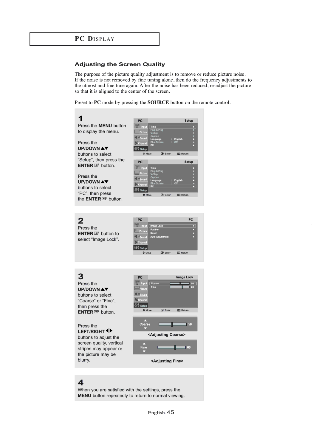 Samsung LT-P1745U manual Adjusting the Screen Quality 