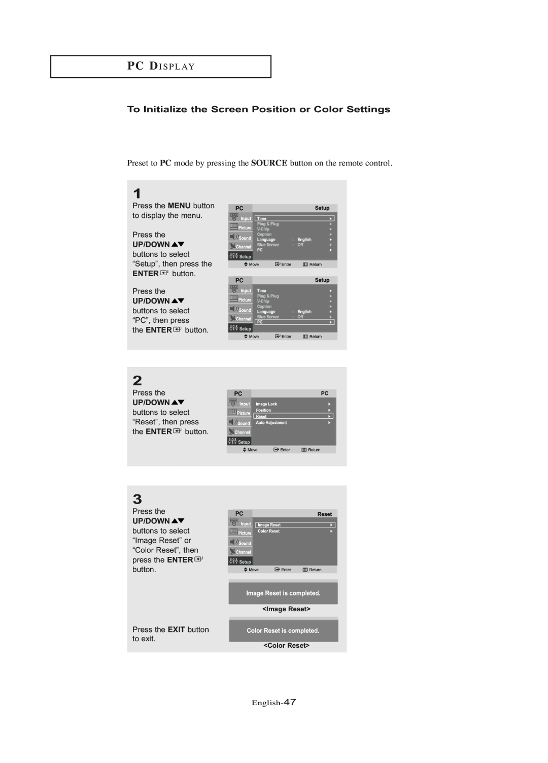 Samsung LT-P1745U manual To Initialize the Screen Position or Color Settings 