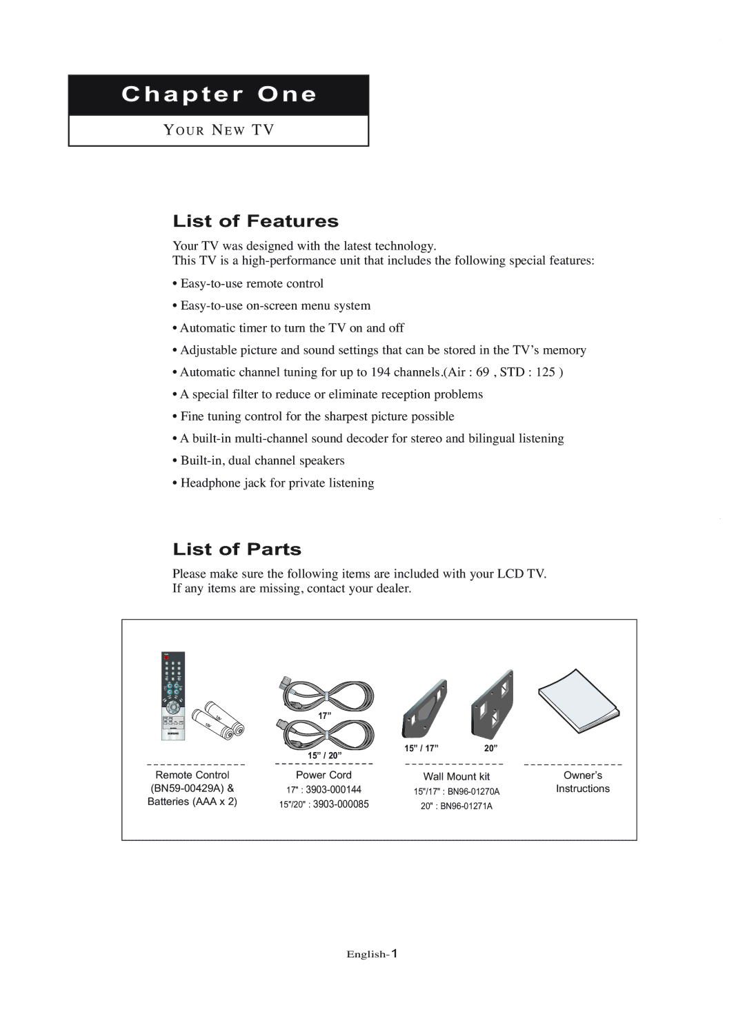 Samsung LT-P1745U manual List of Features, List of Parts 