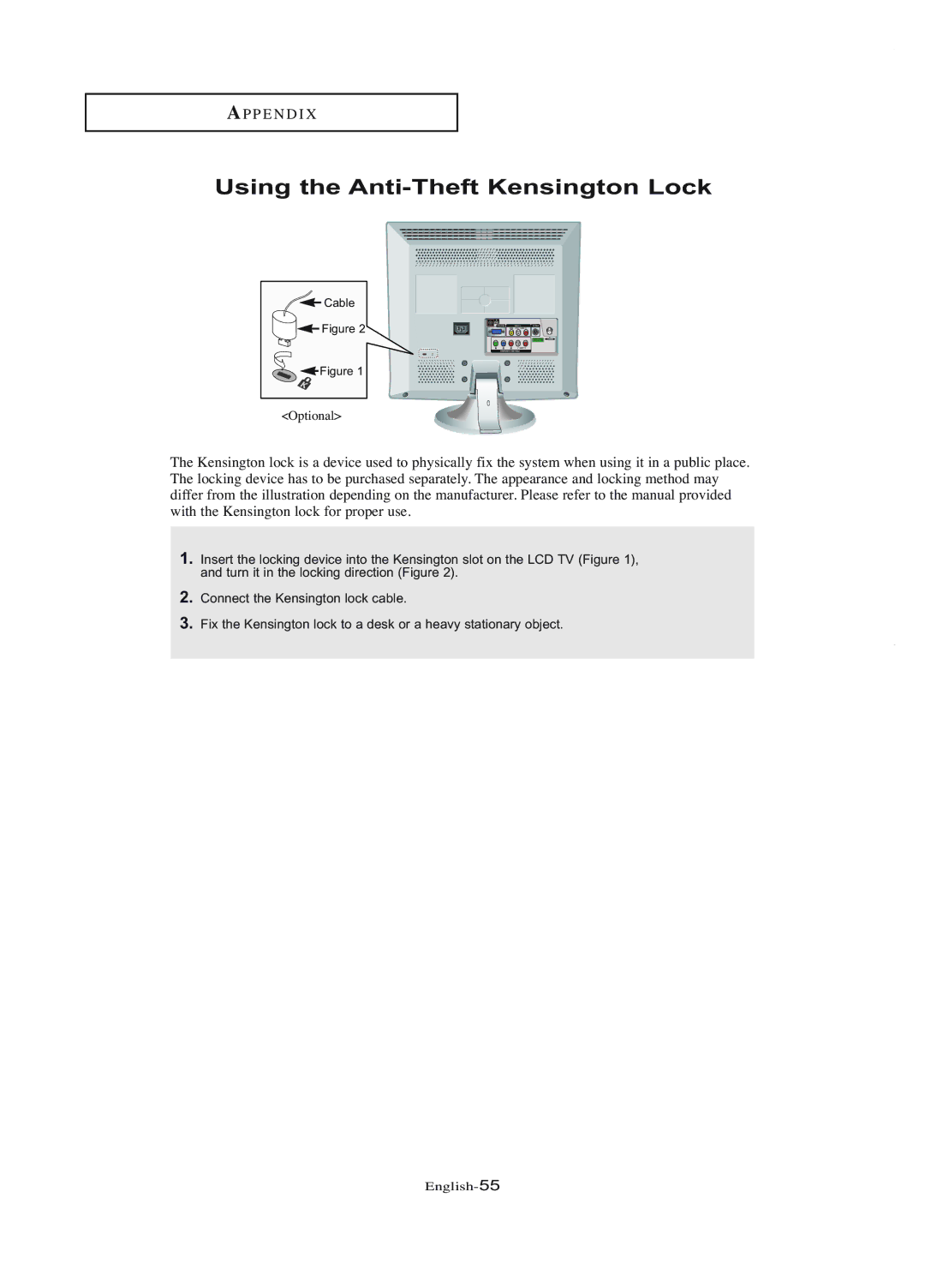 Samsung LT-P1745U manual Using the Anti-Theft Kensington Lock 