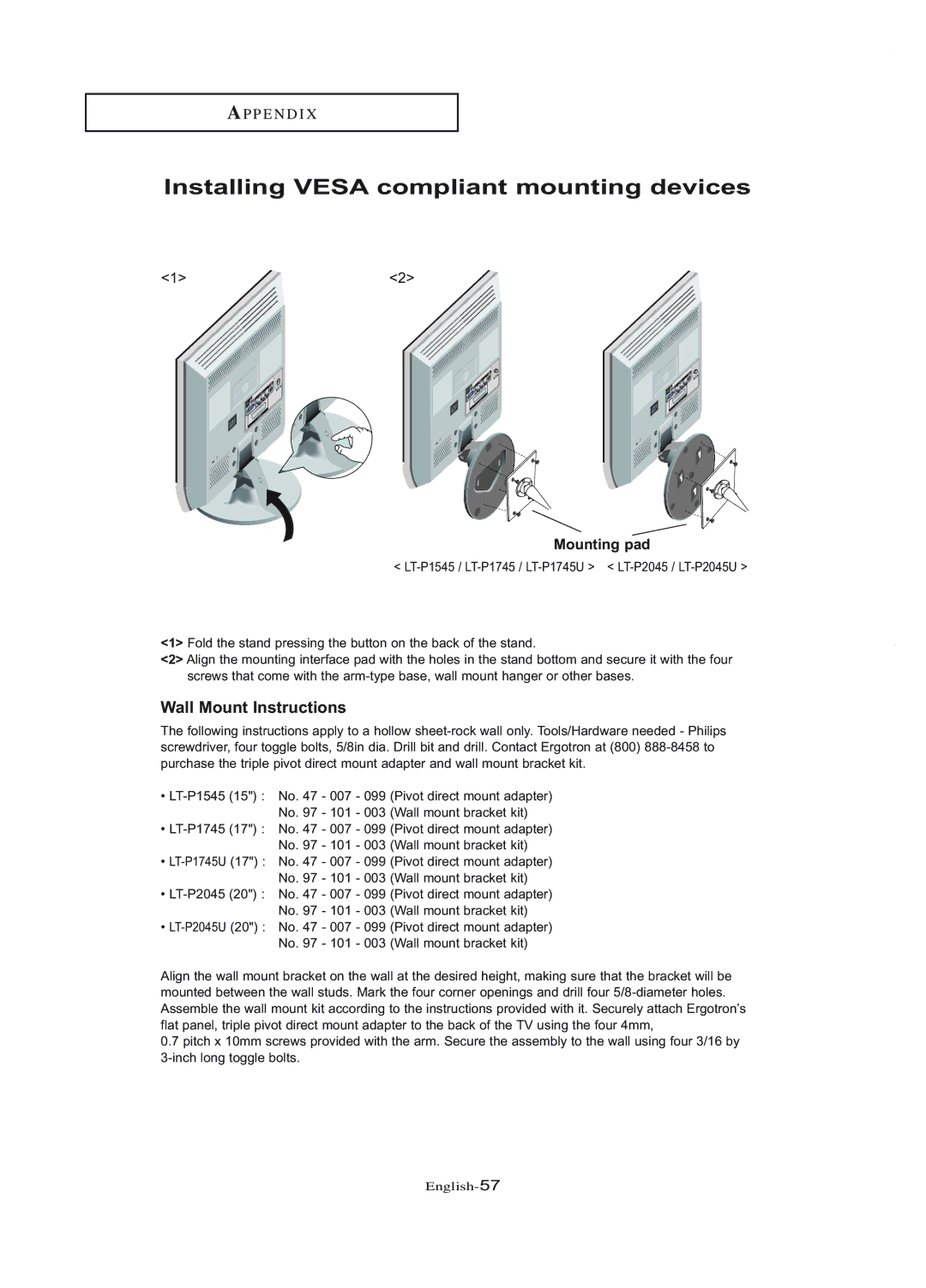 Samsung LT-P1745U manual Installing Vesa compliant mounting devices, Mounting pad 