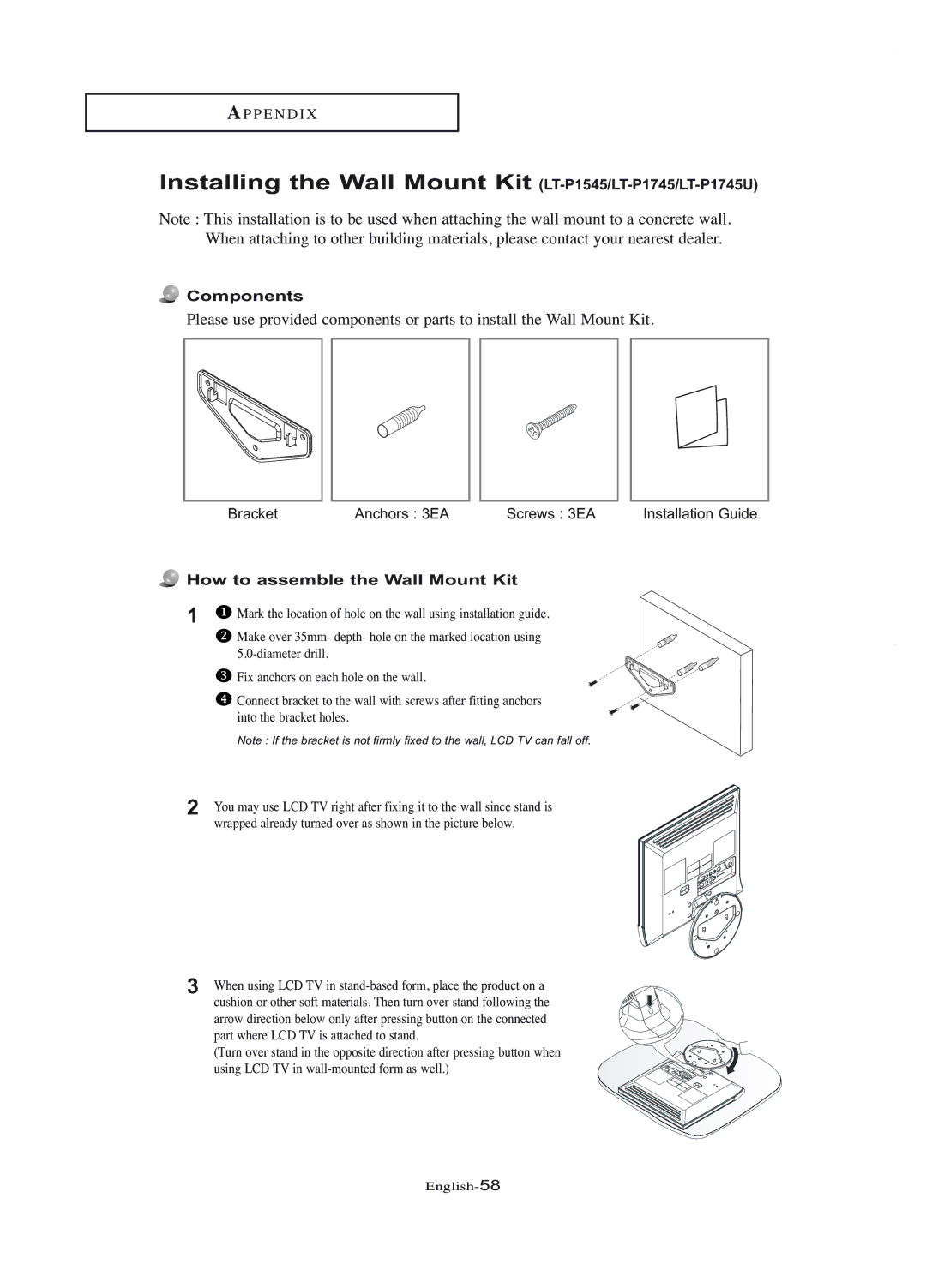 Samsung manual Installing the Wall Mount Kit LT-P1545/LT-P1745/LT-P1745U, Components, How to assemble the Wall Mount Kit 