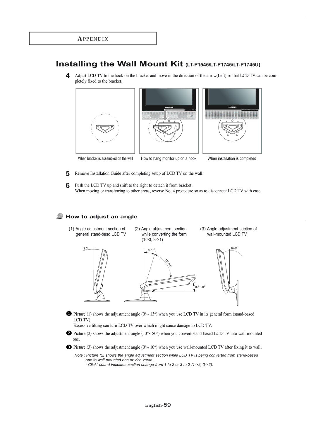 Samsung LT-P1745U manual How to adjust an angle, Angle adjustment section of wall-mounted LCD TV 