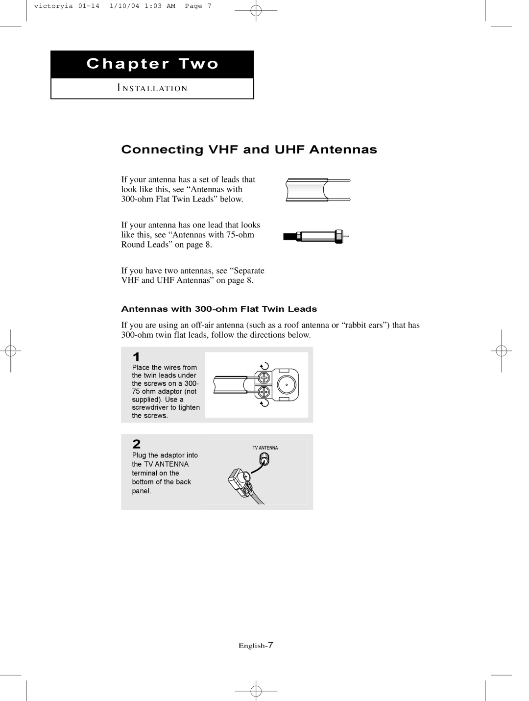 Samsung LT-P227W manual Connecting VHF and UHF Antennas, Antennas with 300-ohm Flat Twin Leads 