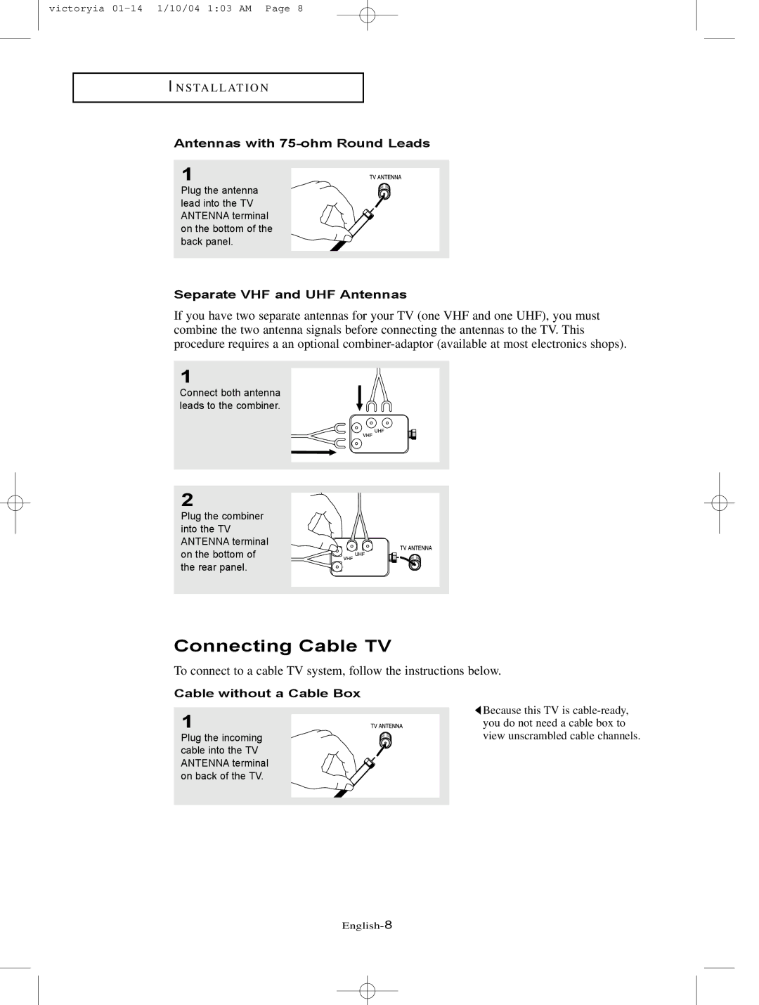 Samsung LT-P227W manual Connecting Cable TV, Antennas with 75-ohm Round Leads, Separate VHF and UHF Antennas 