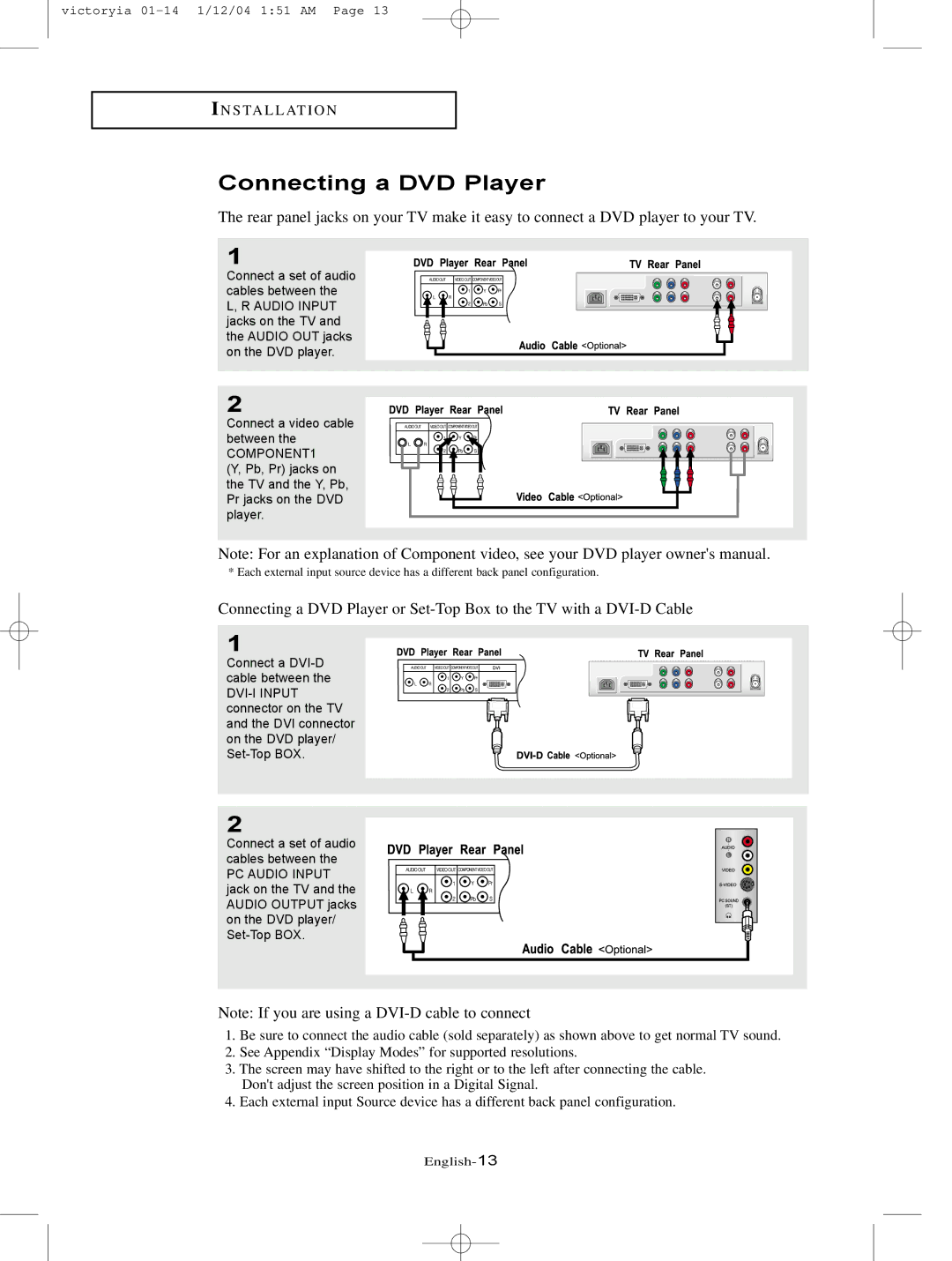 Samsung LT-P227W manual Connecting a DVD Player 