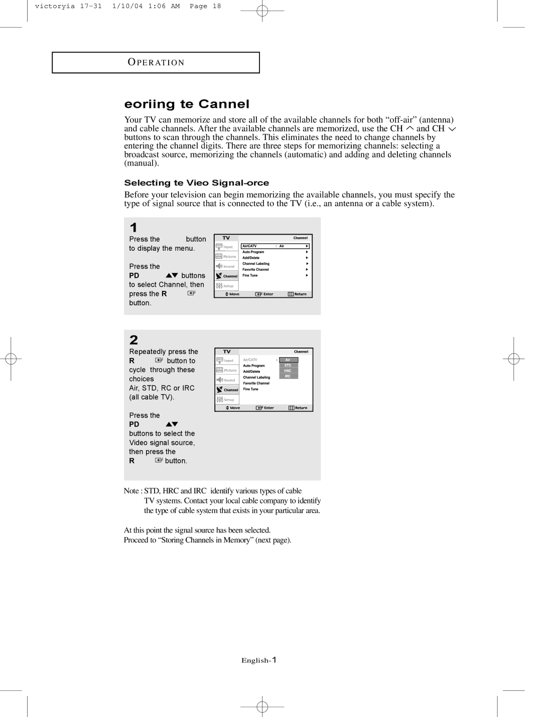 Samsung LT-P227W manual Memorizing the Channels, Selecting the Video Signal-source 