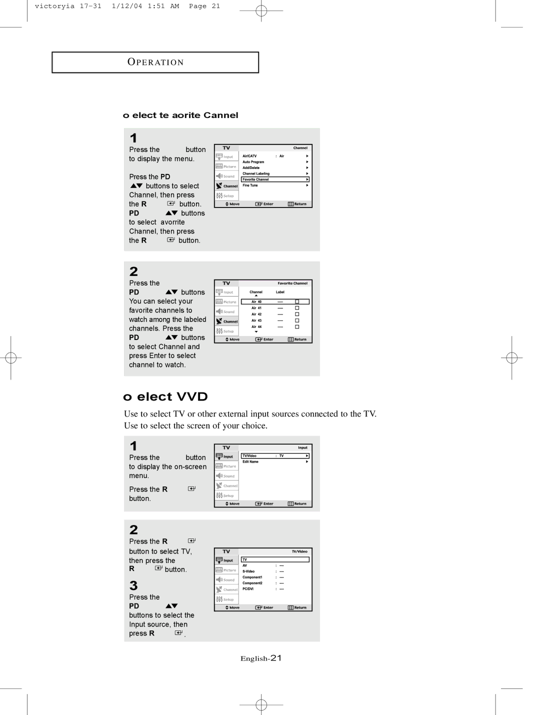 Samsung LT-P227W manual To select TV/VIDEO, To select the Favorite Channels 