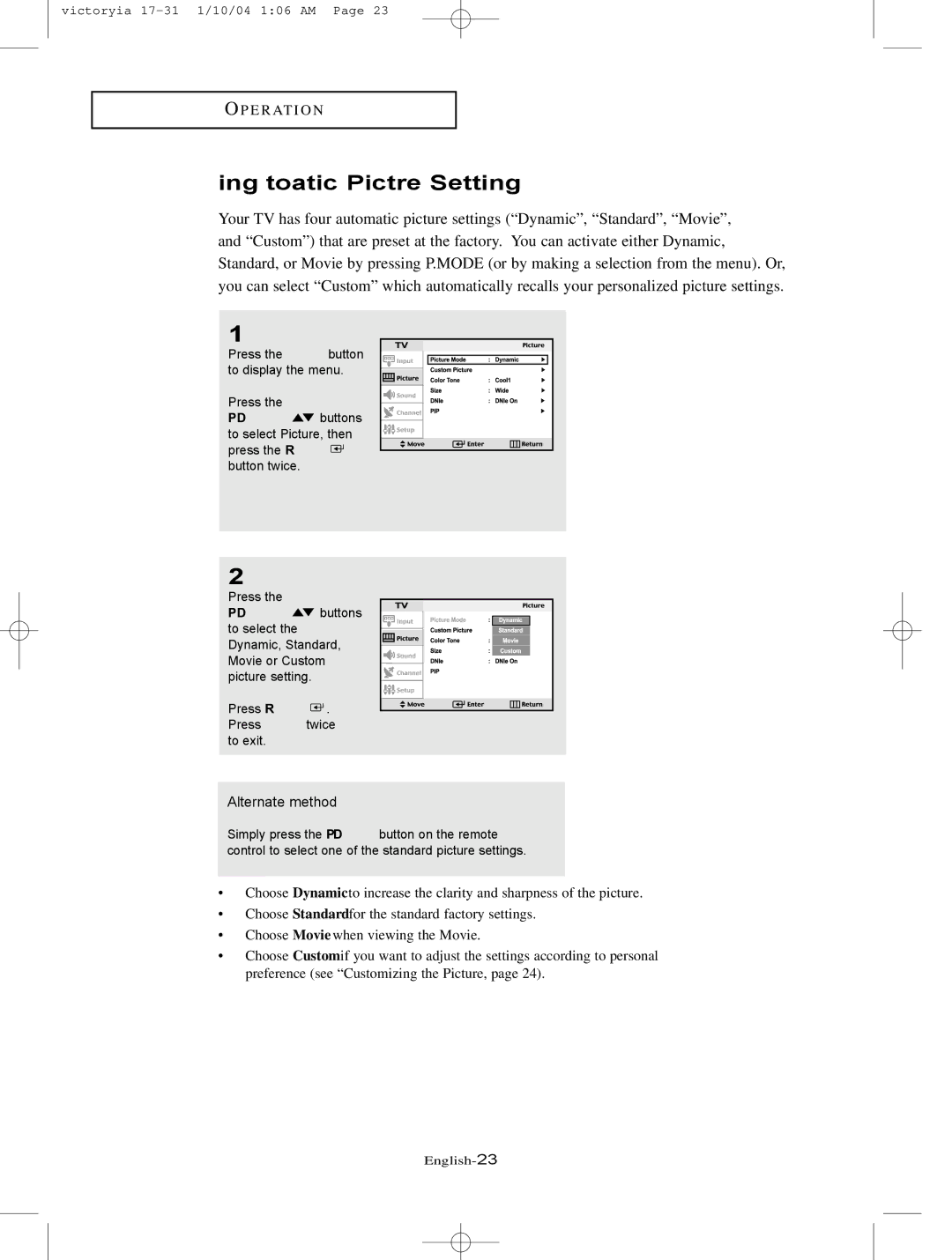 Samsung LT-P227W manual Using Automatic Picture Settings, Alternate method 