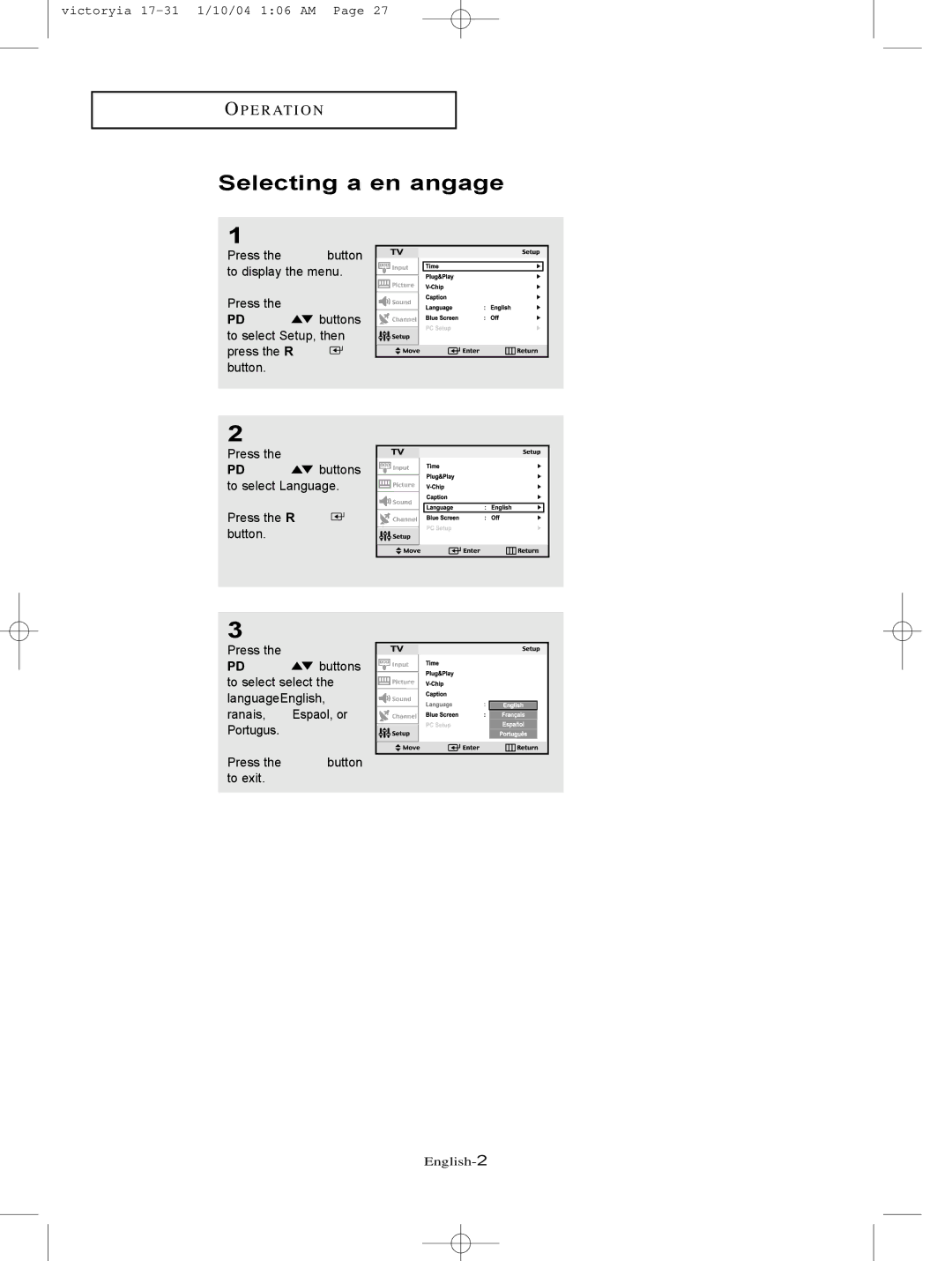 Samsung LT-P227W manual Selecting a Menu Language 