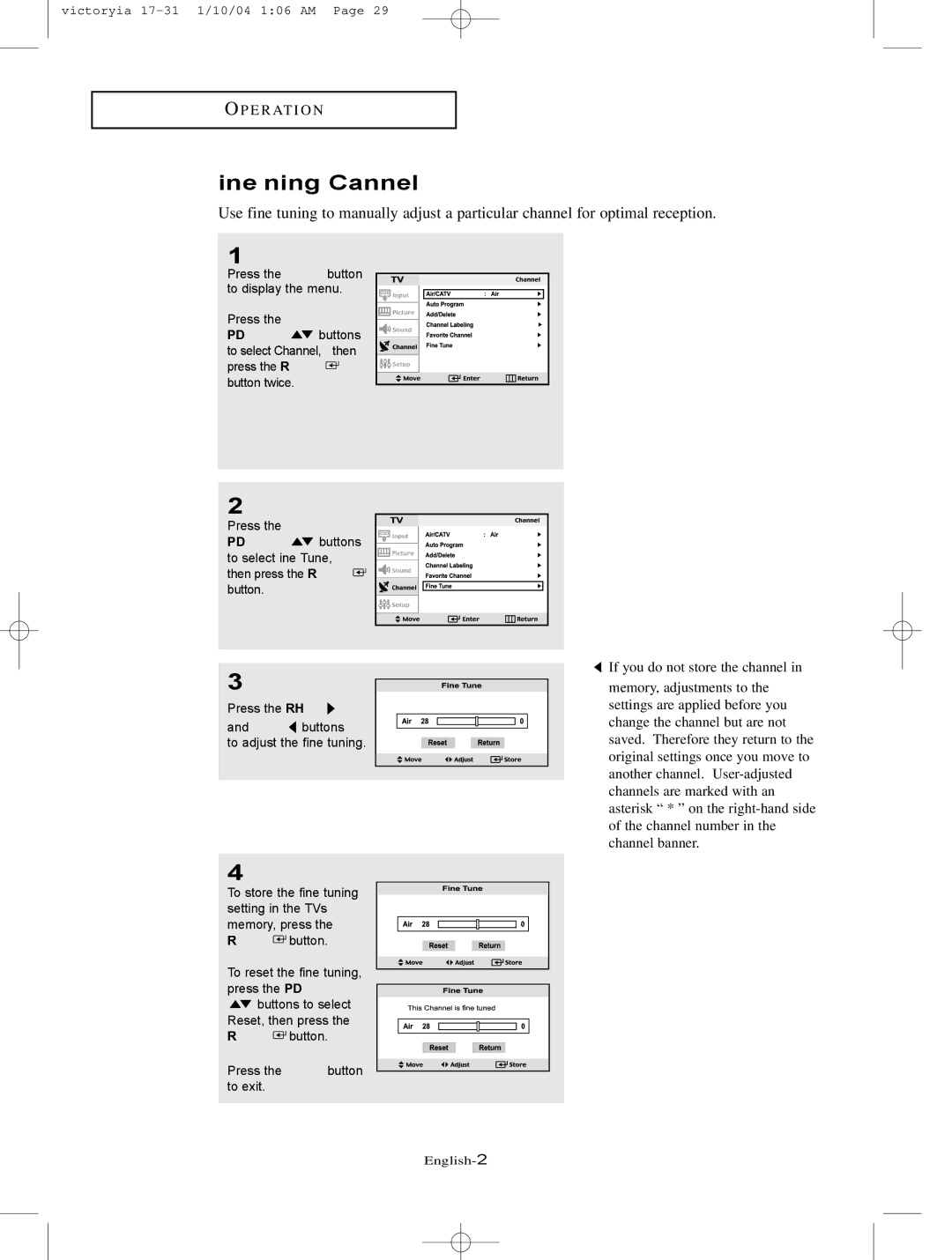 Samsung LT-P227W manual Fine Tuning Channels, UP/DOWN buttons 