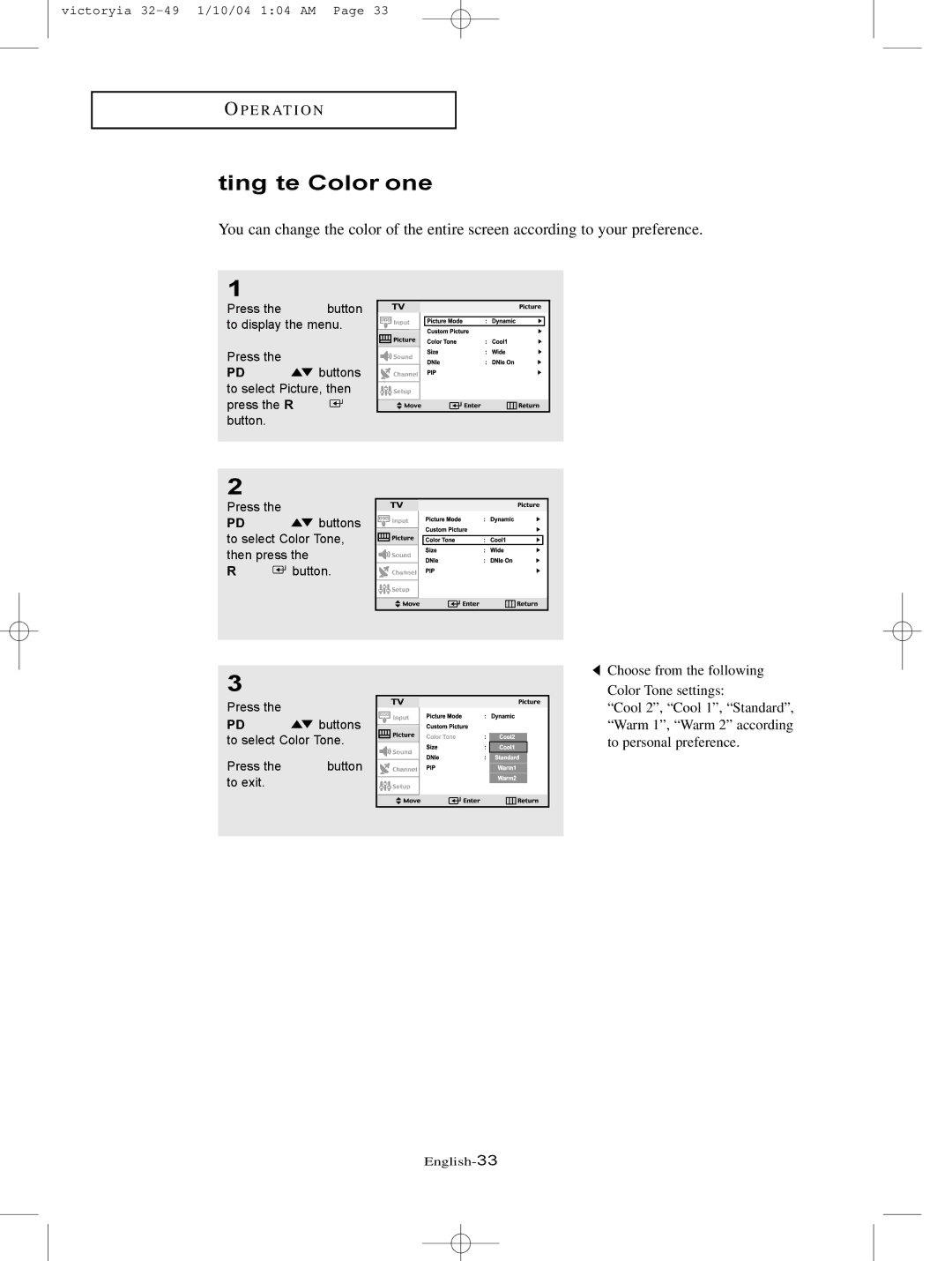 Samsung LT-P227W manual Adjusting the Color Tone 