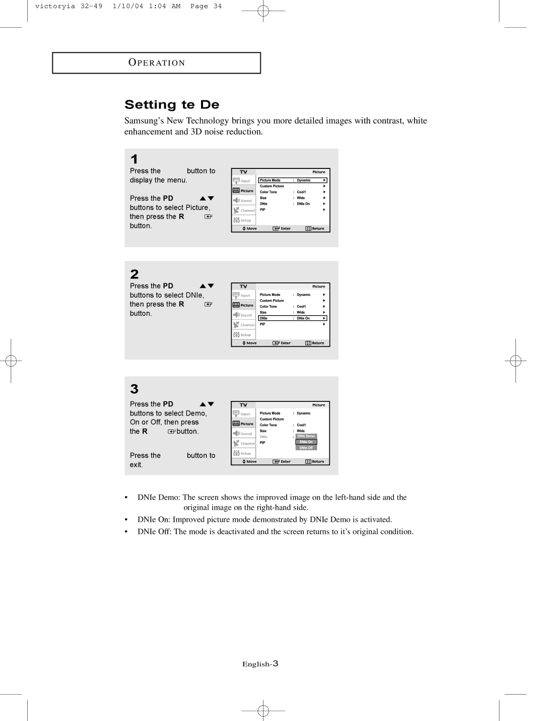 Samsung LT-P227W manual Setting the DNIe 