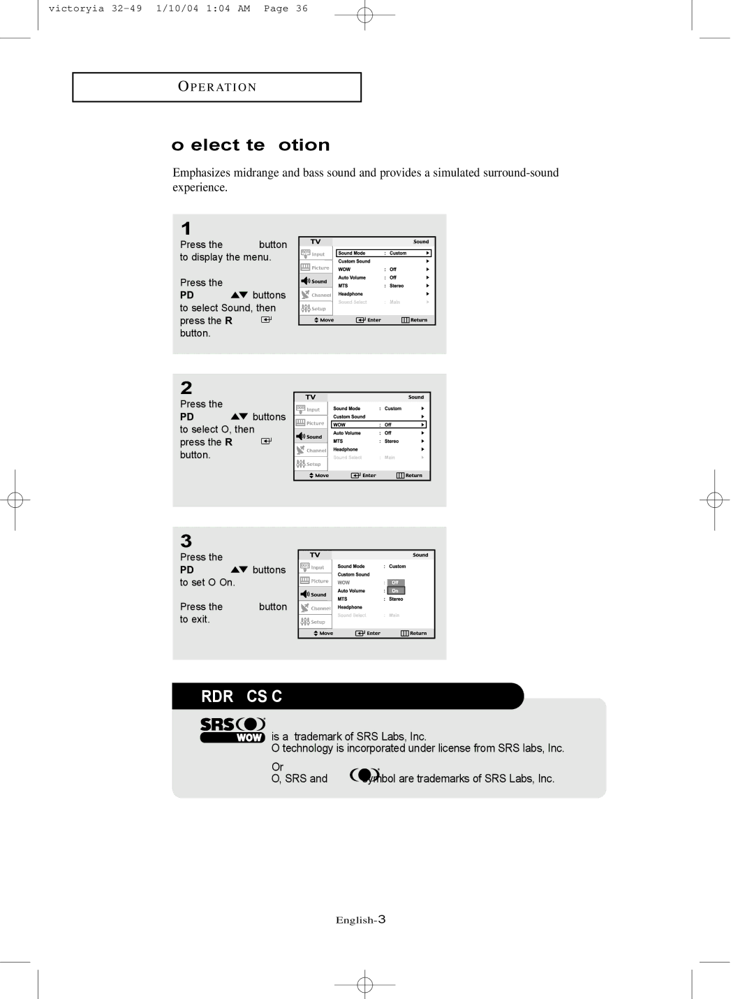 Samsung LT-P227W manual To select the WOW option, Trademark & Label License Notice 