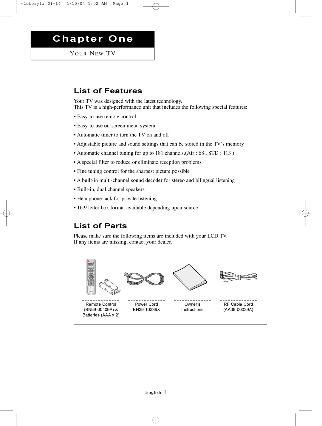 Samsung LT-P227W manual List of Features, List of Parts 