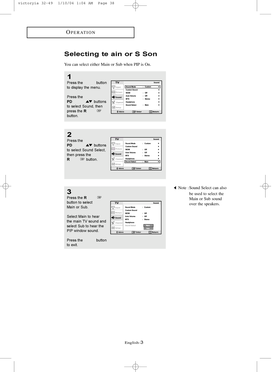 Samsung LT-P227W manual Selecting the Main or Sub Sound, You can select either Main or Sub when PIP is On 