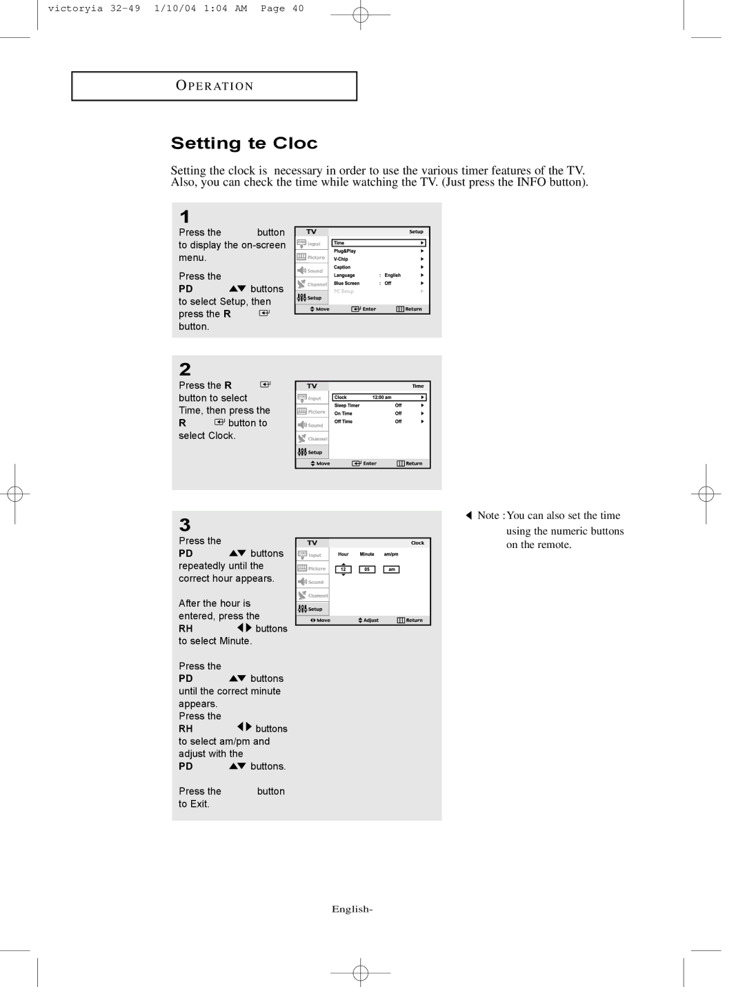 Samsung LT-P227W manual Setting the Clock 