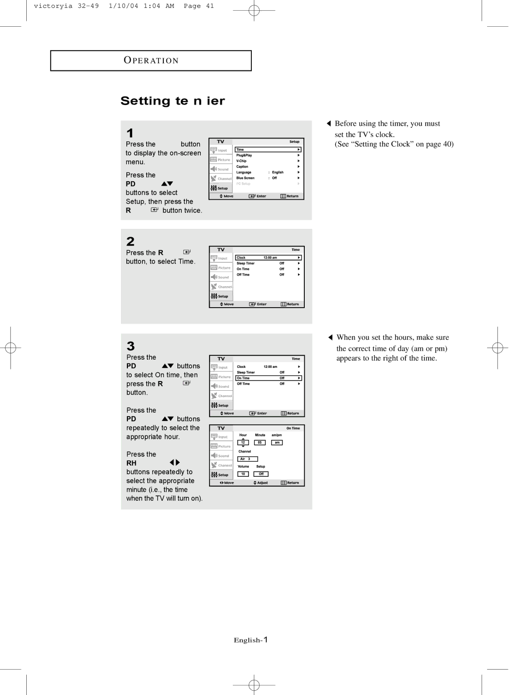 Samsung LT-P227W manual Setting the On/Off Timer 