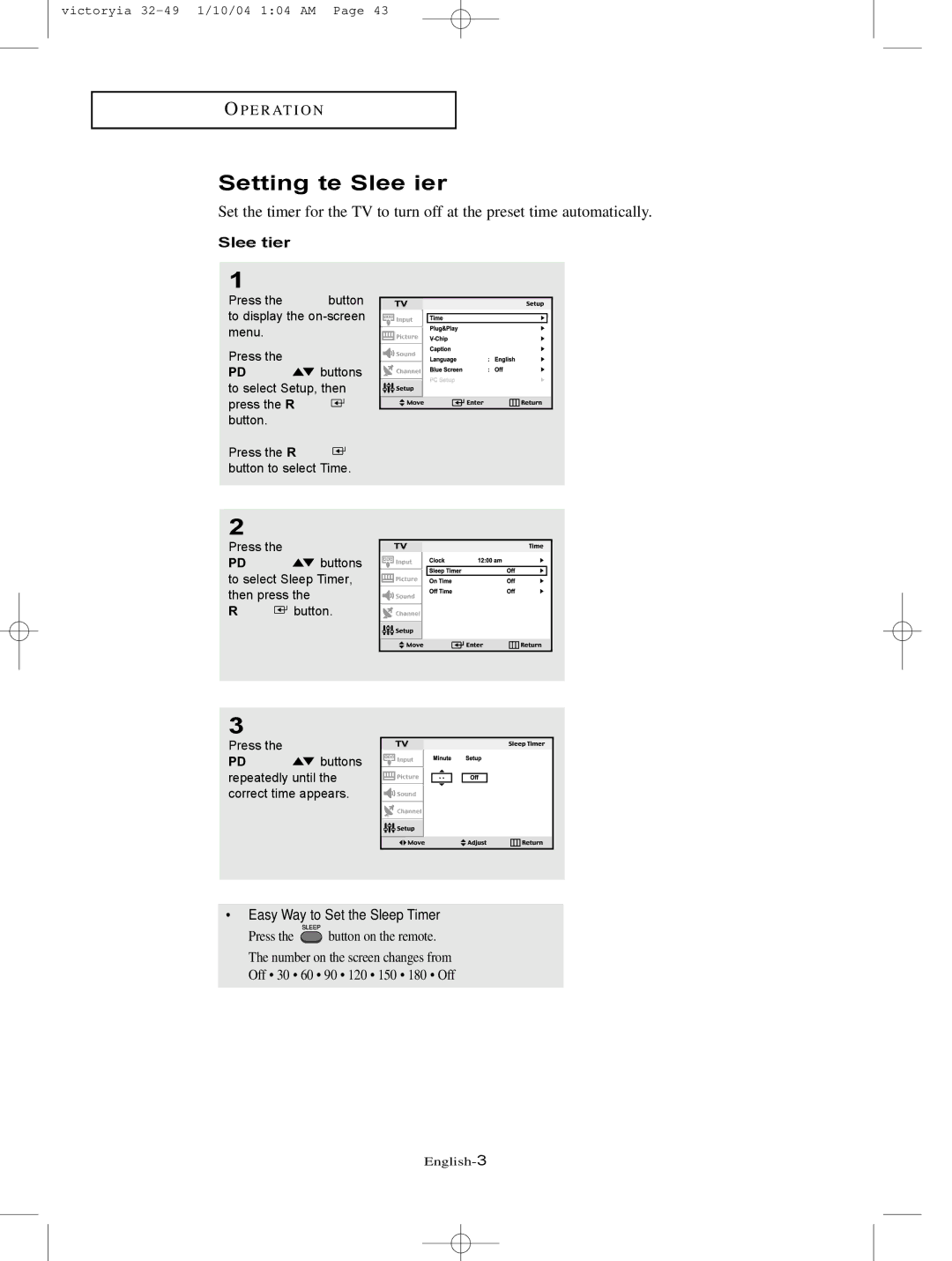 Samsung LT-P227W manual Setting the Sleep Timer, Easy Way to Set the Sleep Timer 