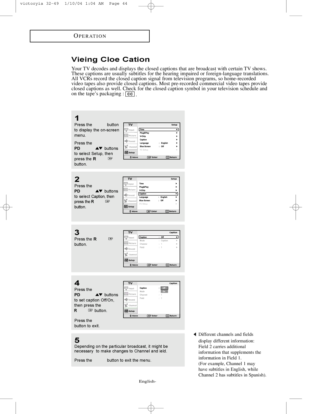 Samsung LT-P227W manual Viewing Closed Captions 