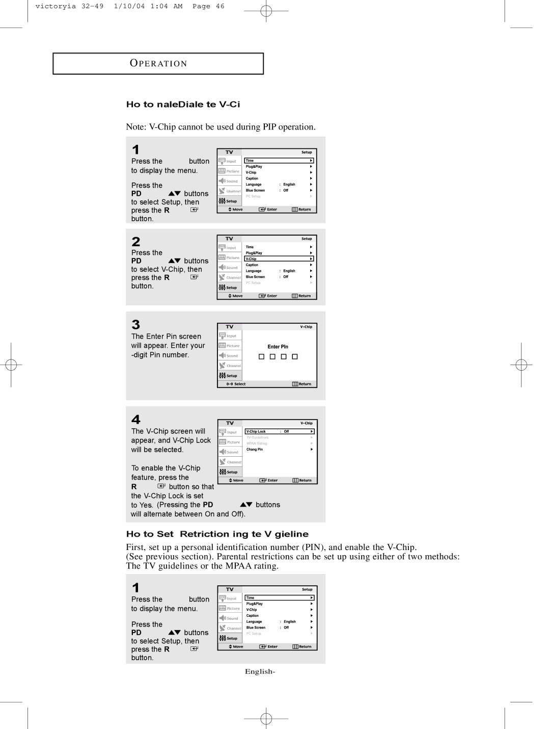 Samsung LT-P227W manual How to Enable/Disable the V-Chip, How to Set up Restrictions Using the ‘TV guidelines’ 