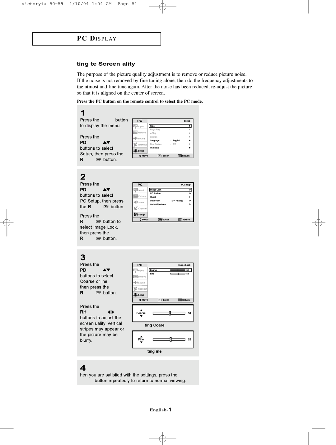 Samsung LT-P227W manual Adjusting the Screen Quality, UP/DOWN buttons to select 