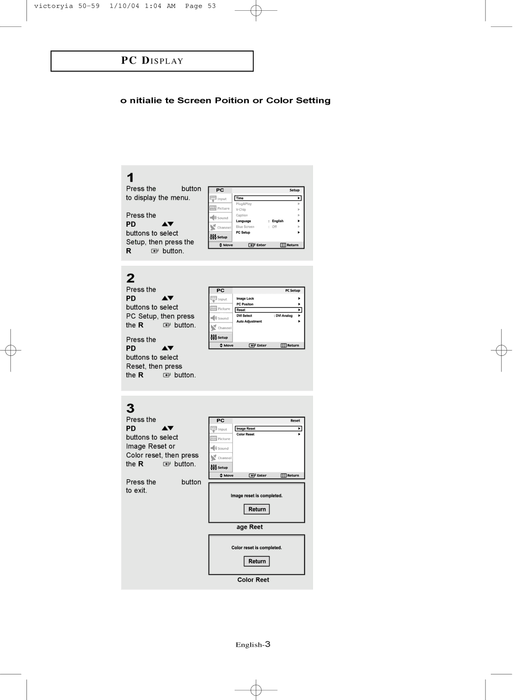 Samsung LT-P227W manual To Initialize the Screen Position or Color Settings 