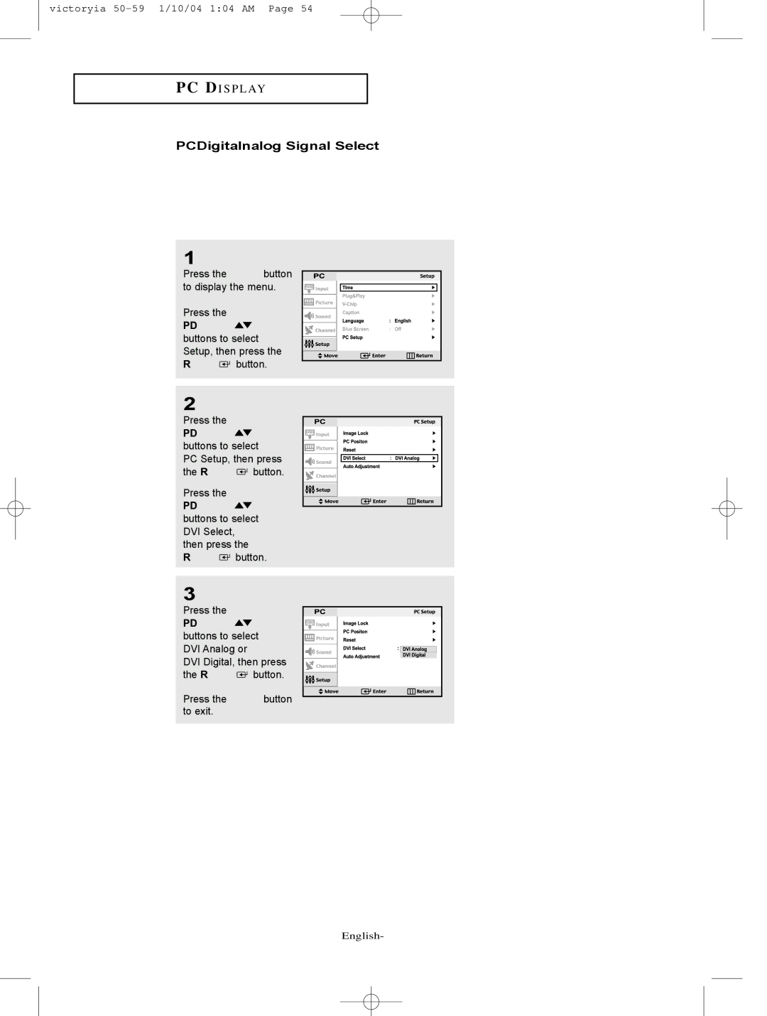 Samsung LT-P227W manual PCDigital/Analog Signal Select, UP/DOWN buttons to select DVI Analog or 