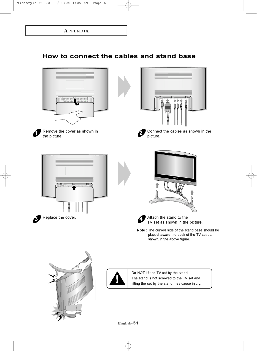 Samsung LT-P227W manual How to connect the cables and stand base, Picture Replace the cover Attach the stand to 