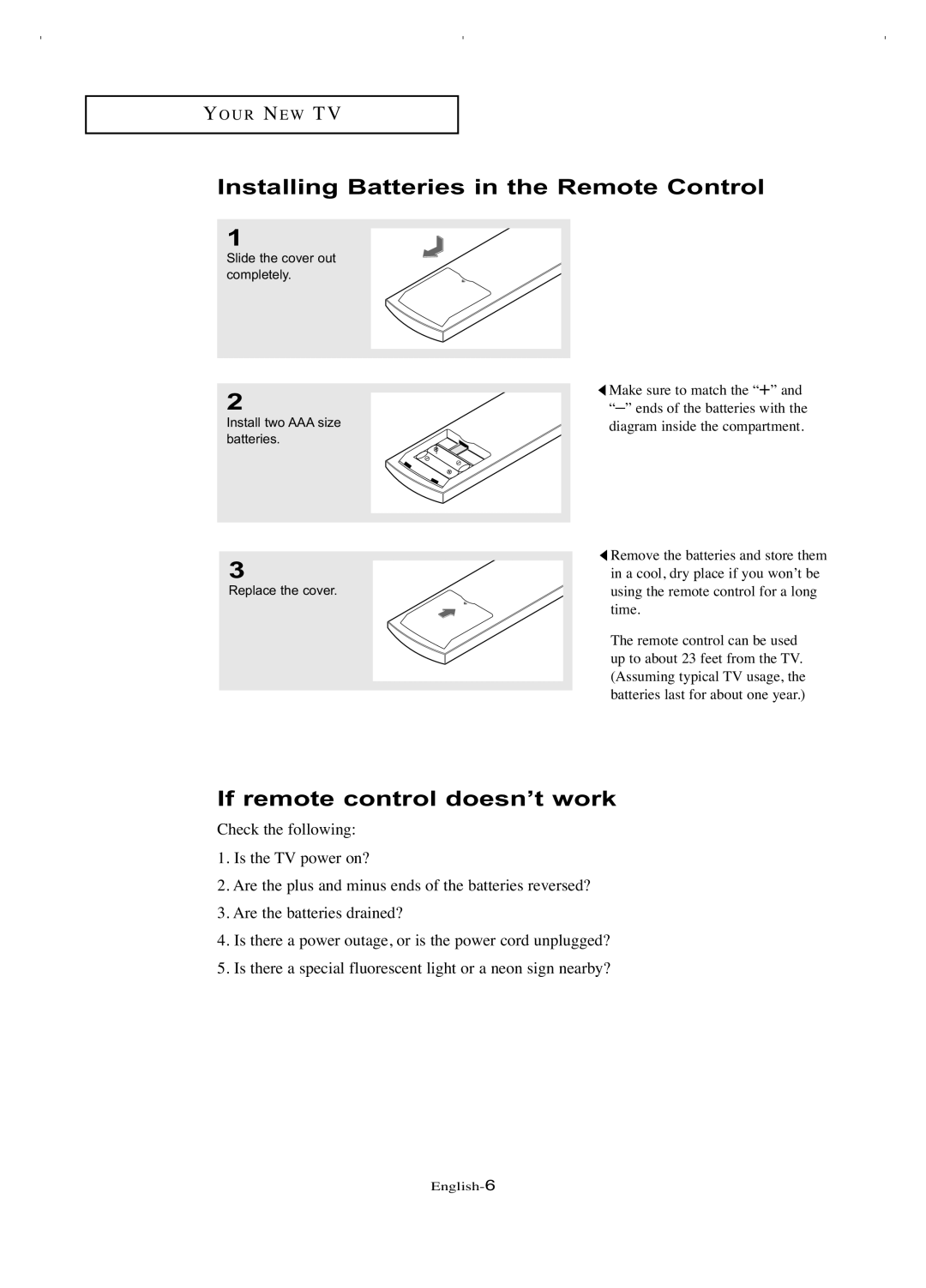 Samsung LT-P266W manual Installing Batteries in the Remote Control, If remote control doesn’t work 