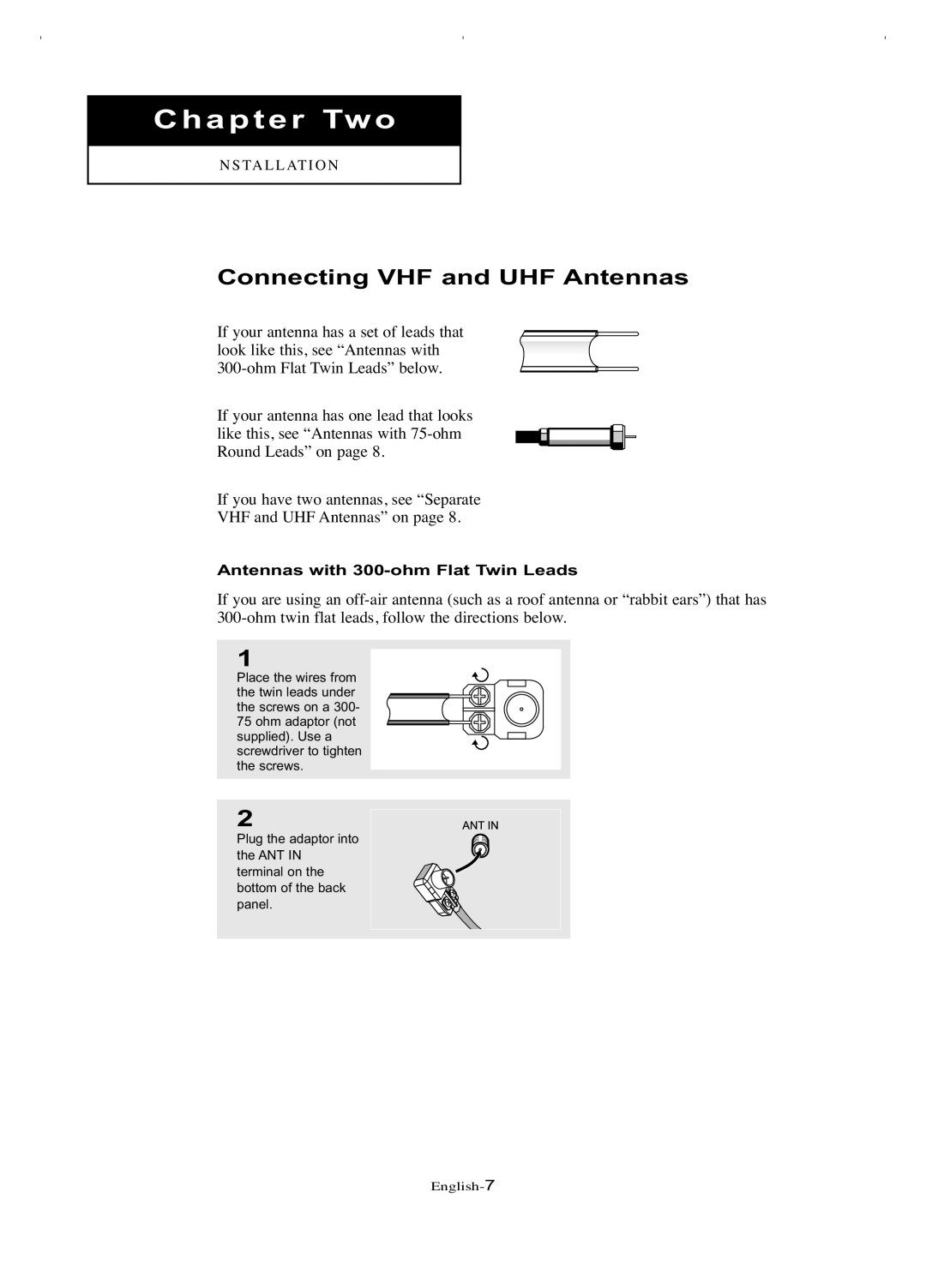 Samsung LT-P266W manual Connecting VHF and UHF Antennas, Antennas with 300-ohm Flat Twin Leads 