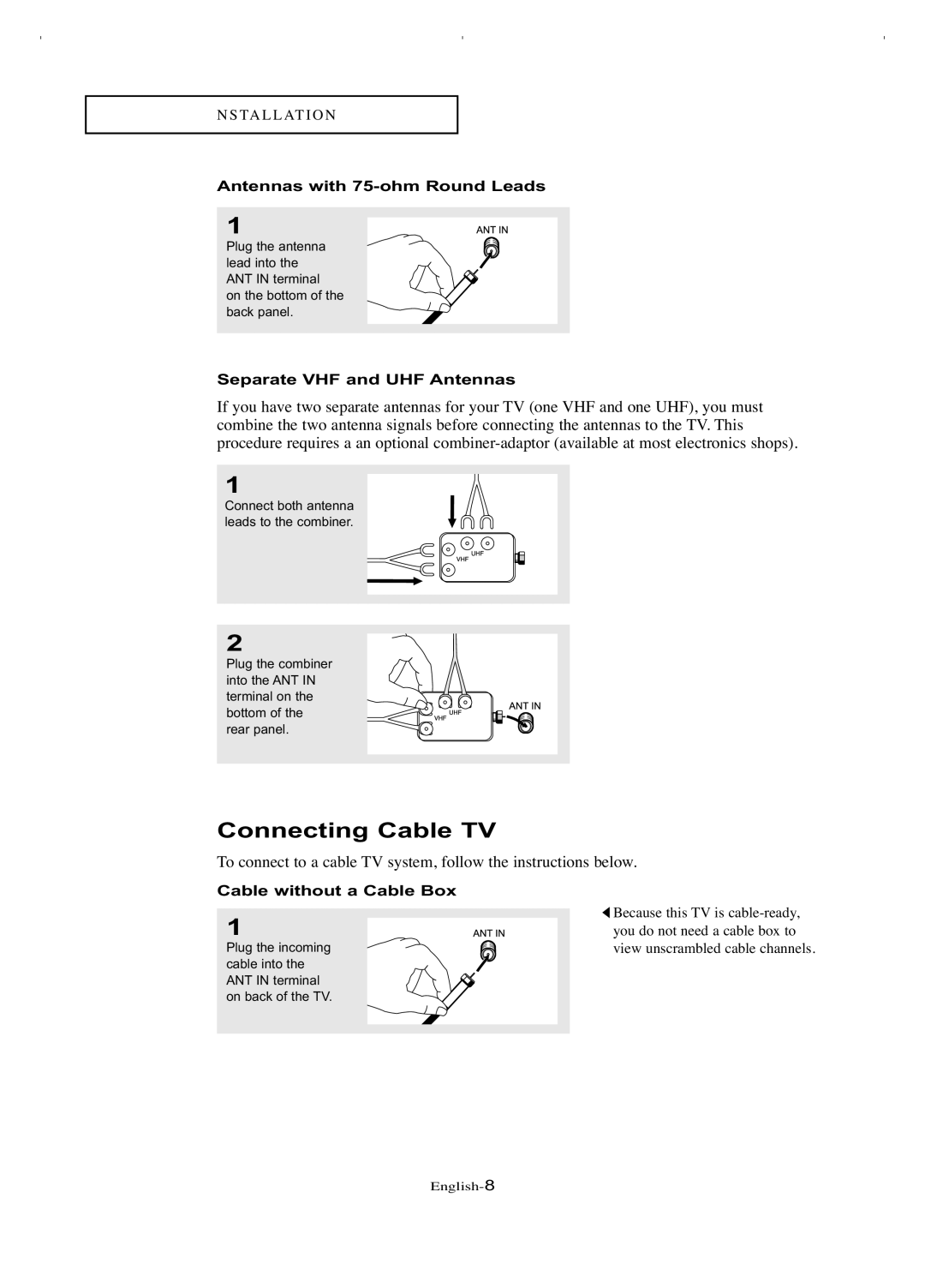 Samsung LT-P266W manual Connecting Cable TV, Antennas with 75-ohm Round Leads, Separate VHF and UHF Antennas 