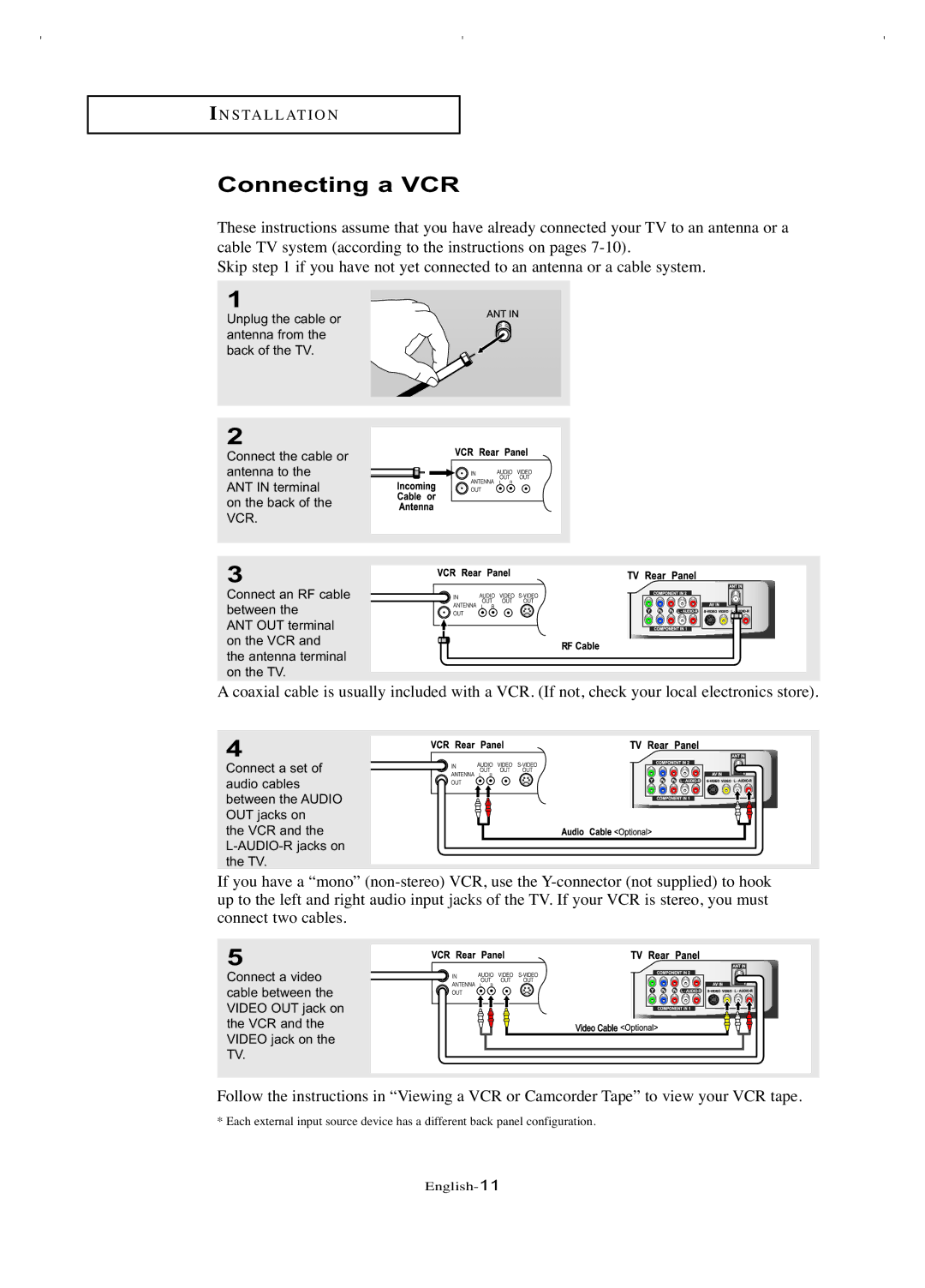 Samsung LT-P266W manual Connecting a VCR 