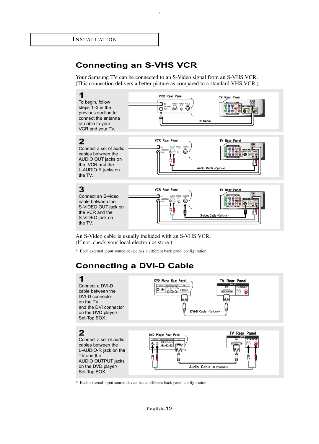 Samsung LT-P266W manual Connecting an S-VHS VCR, Connecting a DVI-D Cable 