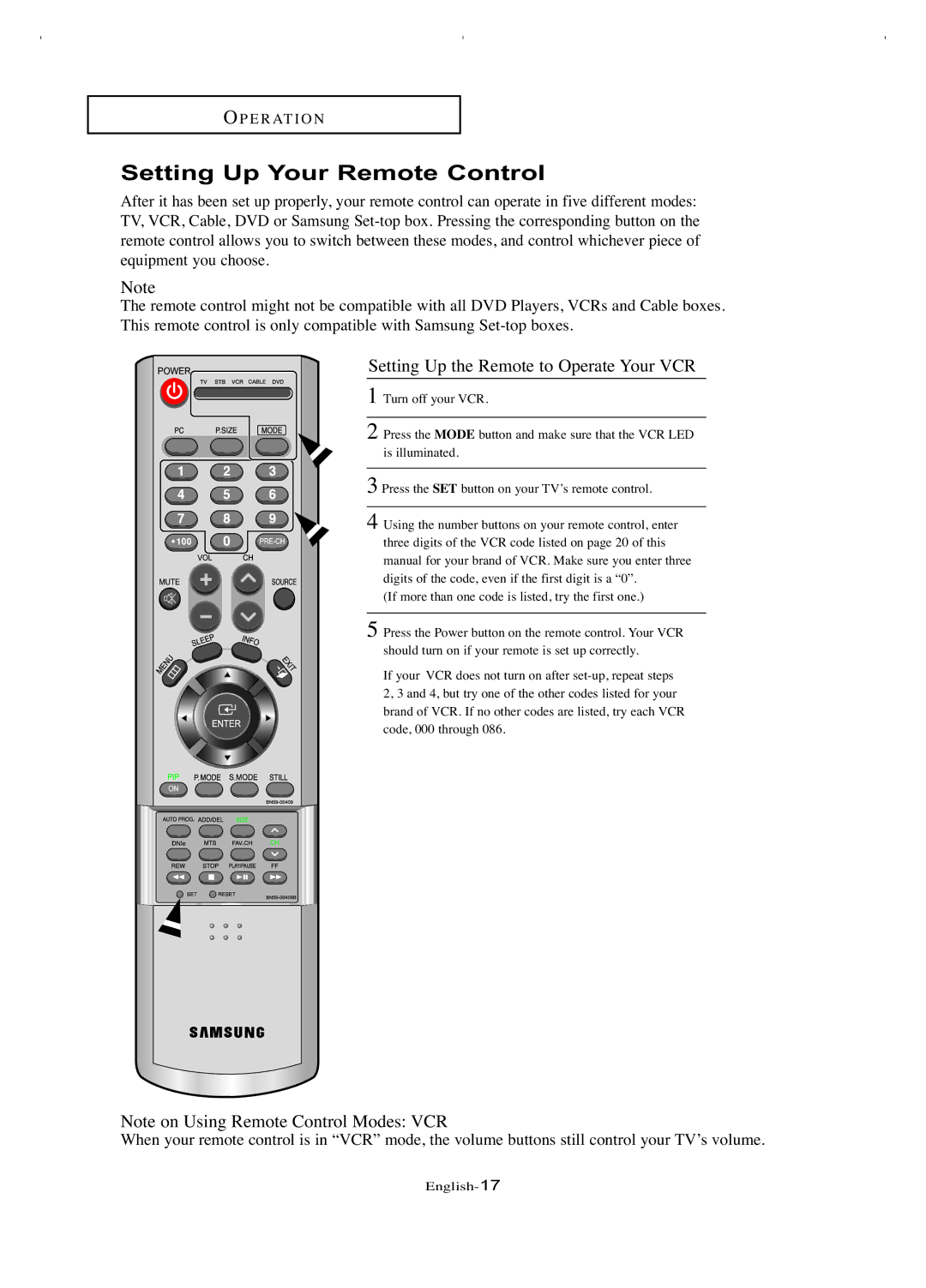 Samsung LT-P266W manual Setting Up Your Remote Control, Setting Up the Remote to Operate Your VCR 